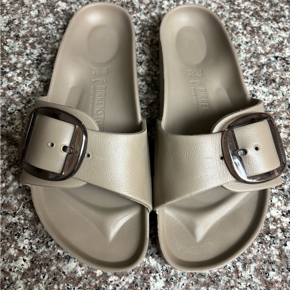 Birkenstock Taupe Slide Sandals with Oversized Buckle